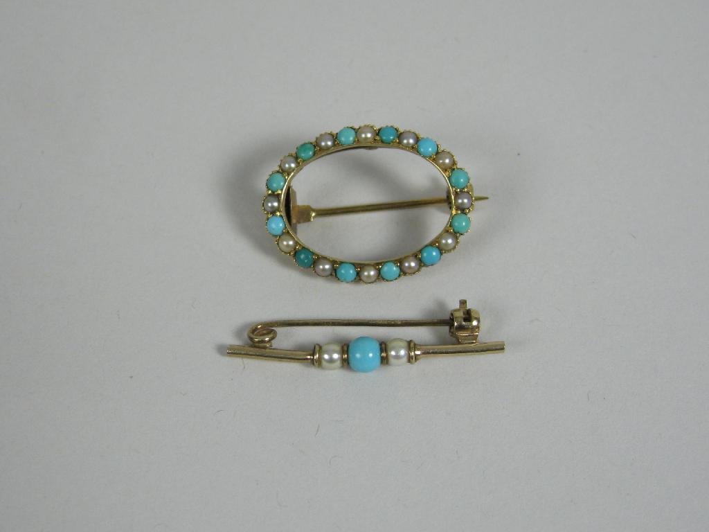 Appraisal: A Turquoise and Seed Pearl oval Wreath Brooch and a