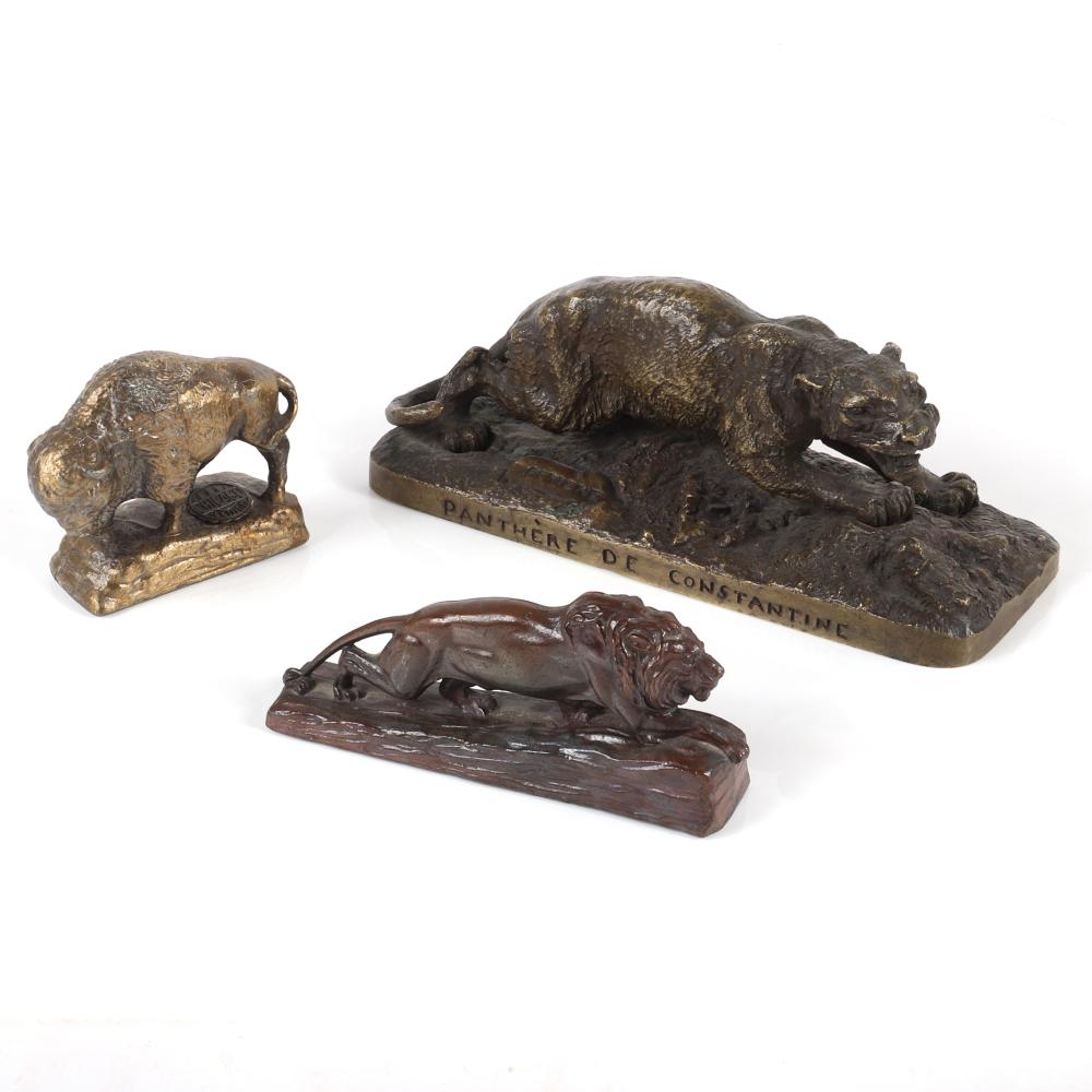 Appraisal: THREE SMALL SOUVENIR BRONZE ANIMAL FIGURES PJ MENE PANTHERE DE