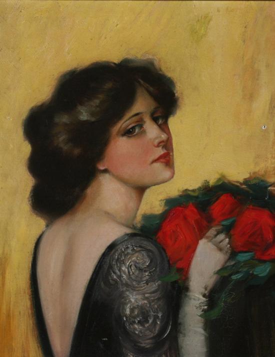 Appraisal: AMERICAN SCHOOL th century WOMAN WITH BOUQUET OF ROSES oil