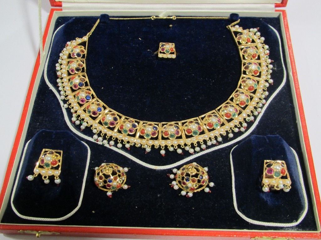 Appraisal: Indian suite of gold gem set jewellery comprising necklace earrings