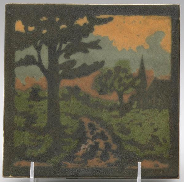 Appraisal: WALRATH Matte-painted tile with church in landscape on Beaver Falls