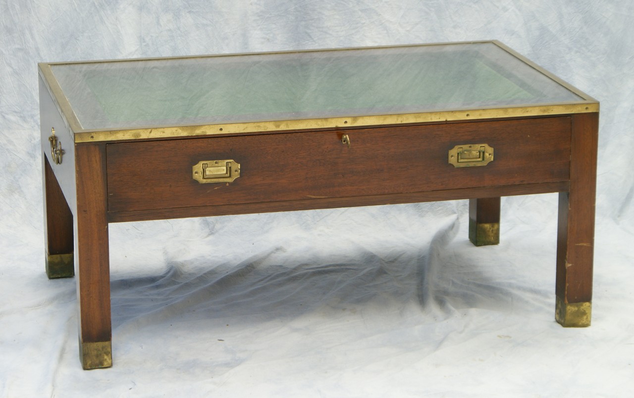 Appraisal: Mahogany and brass Asian style coffee table vitrine w d