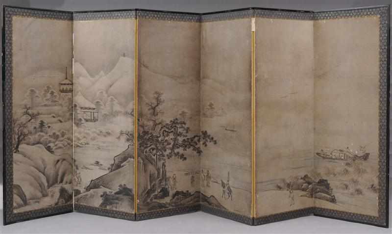 Appraisal: PAIR OF JAPANESE PAINTED PAPER SIX-PANEL FOLDING SCREENS One with