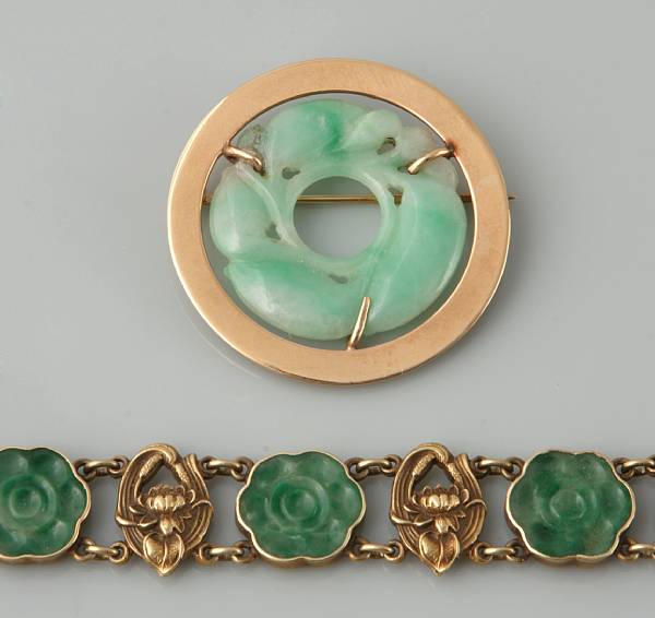 Appraisal: A collection of jade and k gold jewelry featuring a