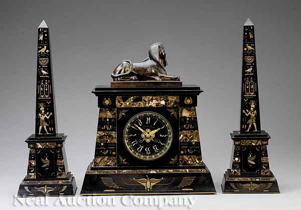 Appraisal: A Fine Antique Egyptian Revival Marble and Bronze-Mounted Clock Garniture