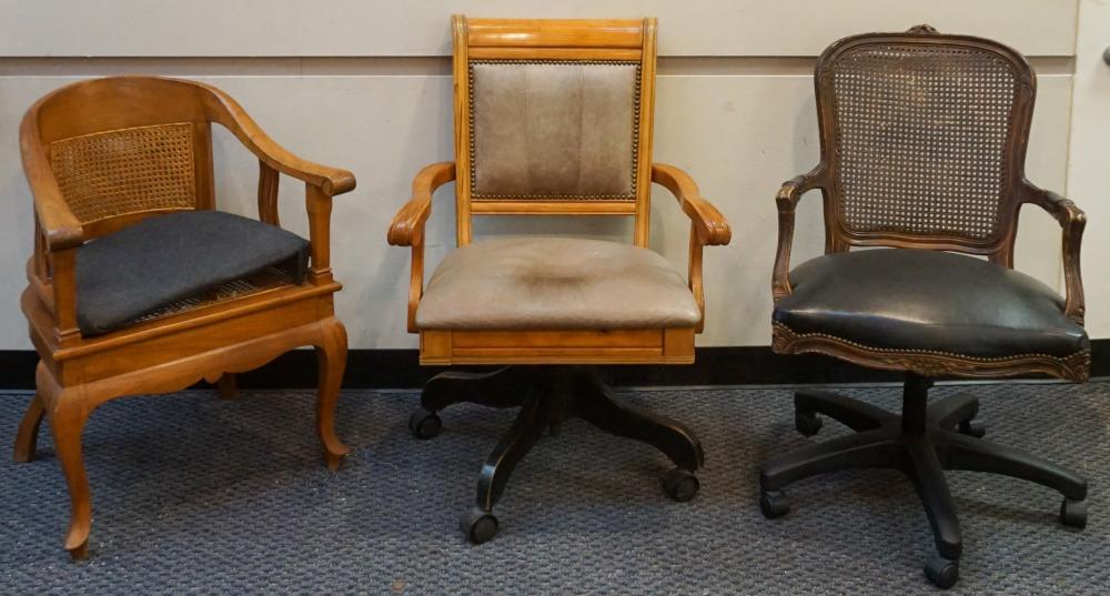 Appraisal: Two Reproduction Fruitwood Swivel Office Armchairs and Anglo-Indian Hardwood Caned