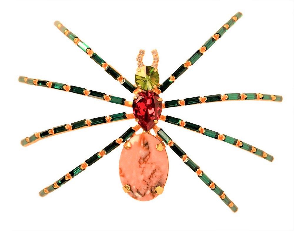 Appraisal: Oversized Spider Brooch having rhodochrosite and rhinestone body emerald baguette