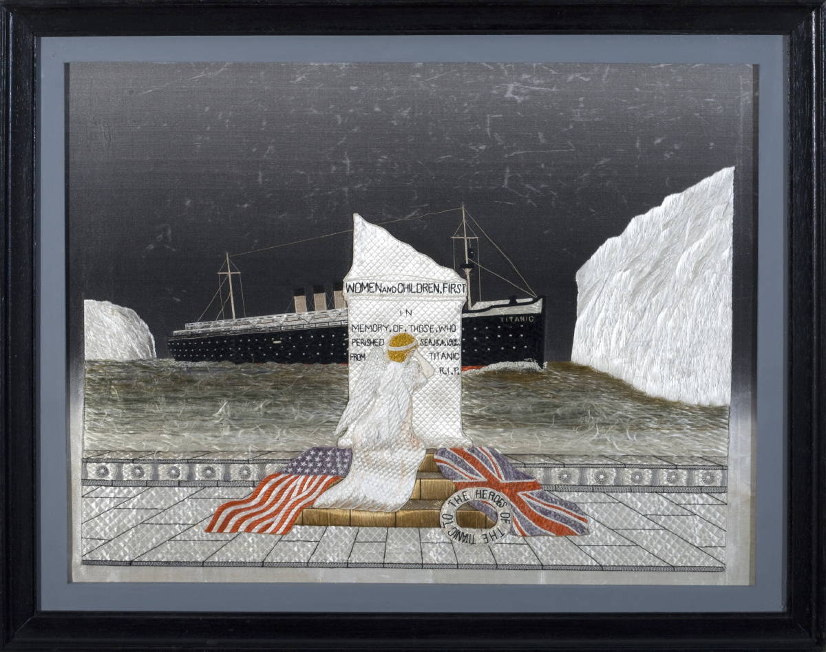 Appraisal: TITANIC SILK NEEDLEWORK MEMORIAL Depicting an angel flanked by American