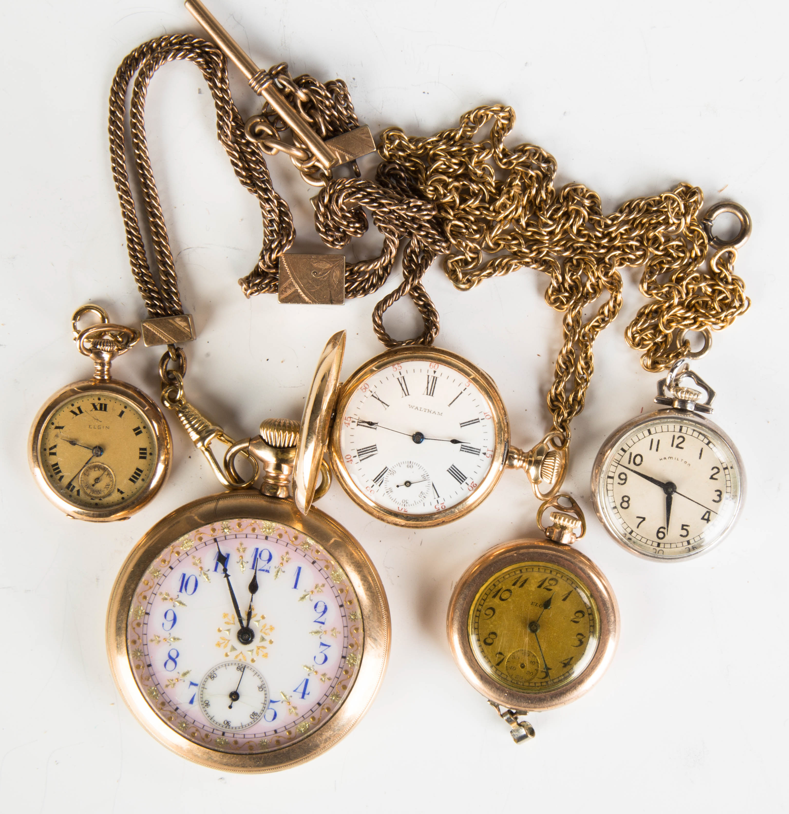 Appraisal: Five Vintage Pocket Watches Hamilton silver K gold Waltham K