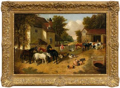 Appraisal: th century painting after Herring farmyard with farmer feeding horses