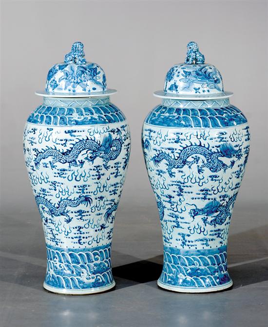 Appraisal: Monumental Chinese Export style blue-and-white covered jars lid surmounted with