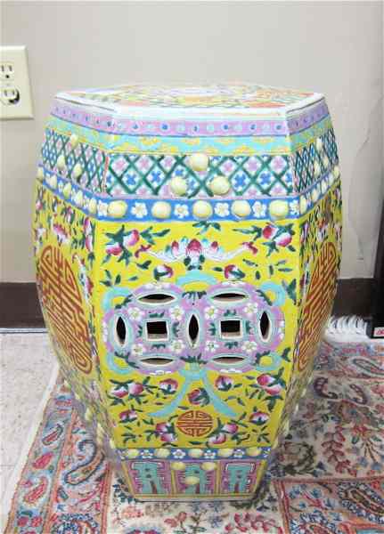 Appraisal: CHINESE FAMILLE JAUNE EXPORT PORCELAIN GARDEN STOOL the hexagonal vessel