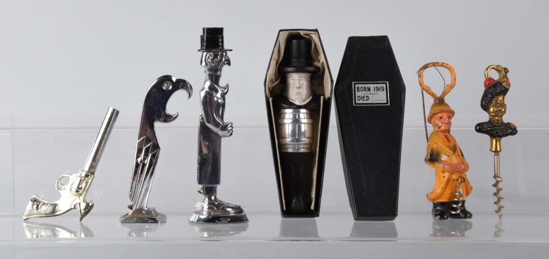 Appraisal: Assorted Figural Bottle Openers Corkscrews Including man in casket old