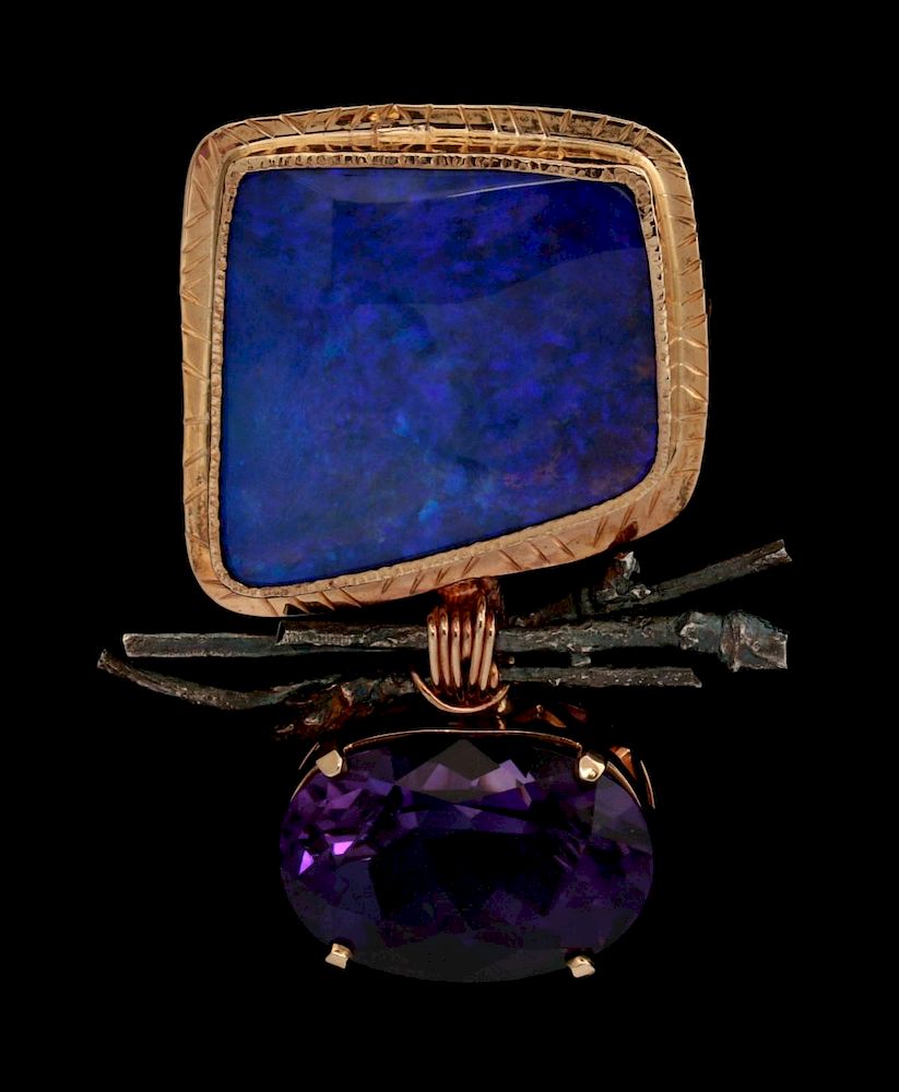 Appraisal: A MICKY ROOF K GOLD AMETHYST AND OPAL BROOCH The