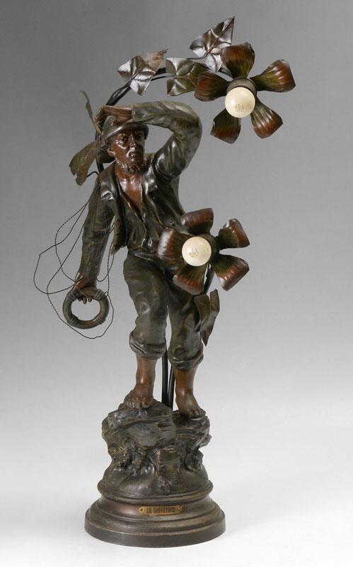 Appraisal: MESTAIS FRENCH FIGURAL LIFESAVER PATINATED METAL LAMP Titled ''Le Sauveteur''