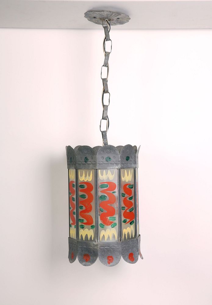 Appraisal: Painted Glass Hanging Tin Lamp th Century New Mexico Painted