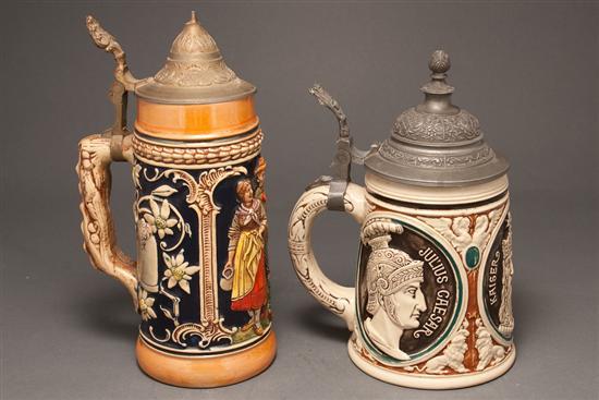 Appraisal: Two German pewter-mounted salt glazed steins first quarter- th century