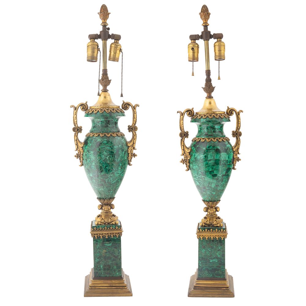 Appraisal: A PAIR OF FRENCH ORMOLU-MOUNTED MALACHITE URNS TH CENTURY CONVERTED