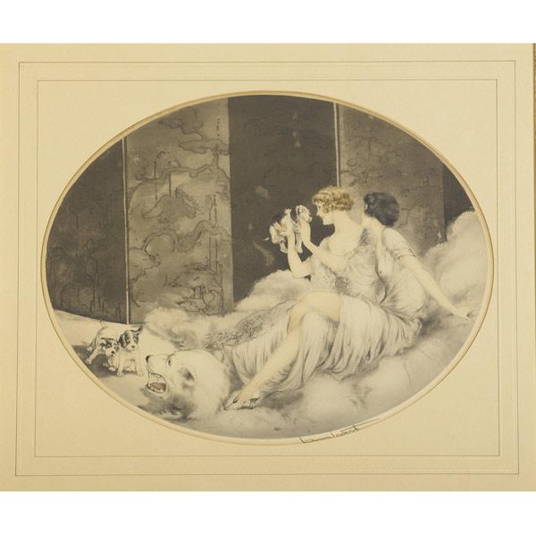 Appraisal: Louis Icart French - Women with Puppies drypoint etching framed