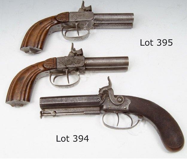 Appraisal: AN ENGLISH SIDE BY SIDE DOUBLE BARRELLED PERCUSSION POCKET PISTOL