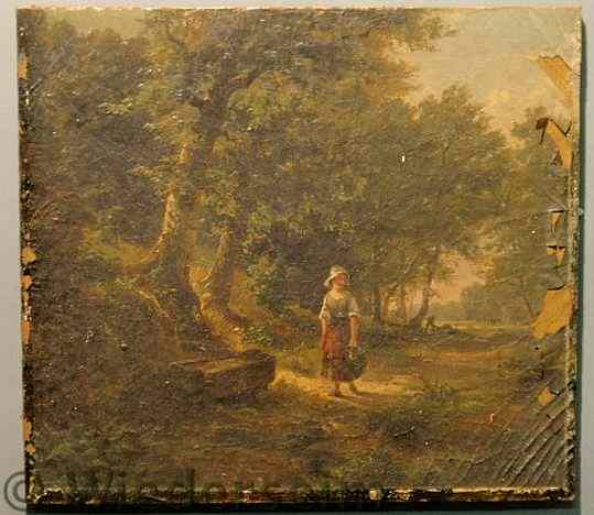 Appraisal: Oil on canvas landscape painting of a girl walking down