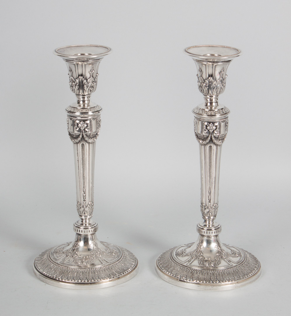 Appraisal: Pair of Adam style silver-plate candlesticks late th century in