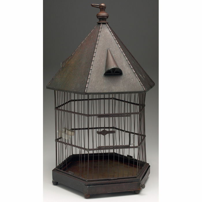 Appraisal: Arts Crafts birdcage hammered copper marked original patina pull-out tray