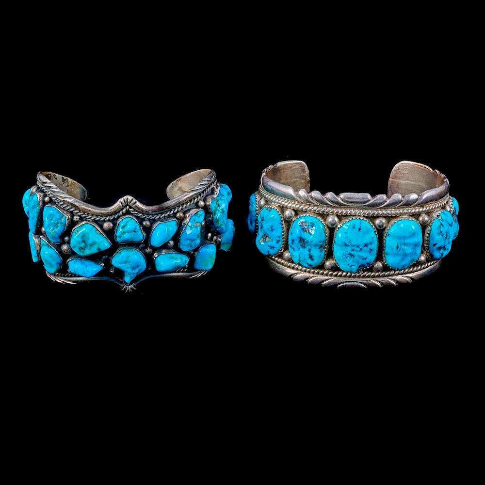 Appraisal: NAVAJO CUFF BRACELETS Two old pawn turquoise and silver cuff