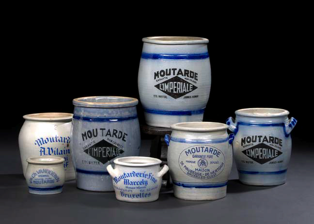 Appraisal: Collection of Seven French or Belgian Blue-and-Gray Stoneware Mustard Crocks