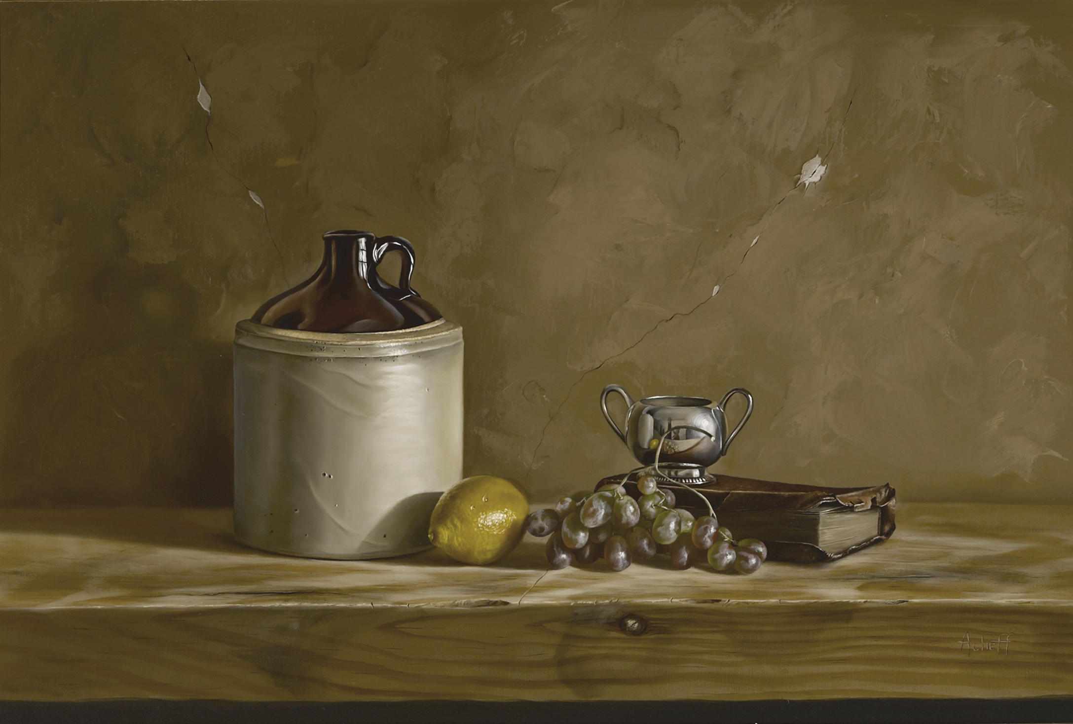 Appraisal: William Acheff American born Still life with grapes a lemon