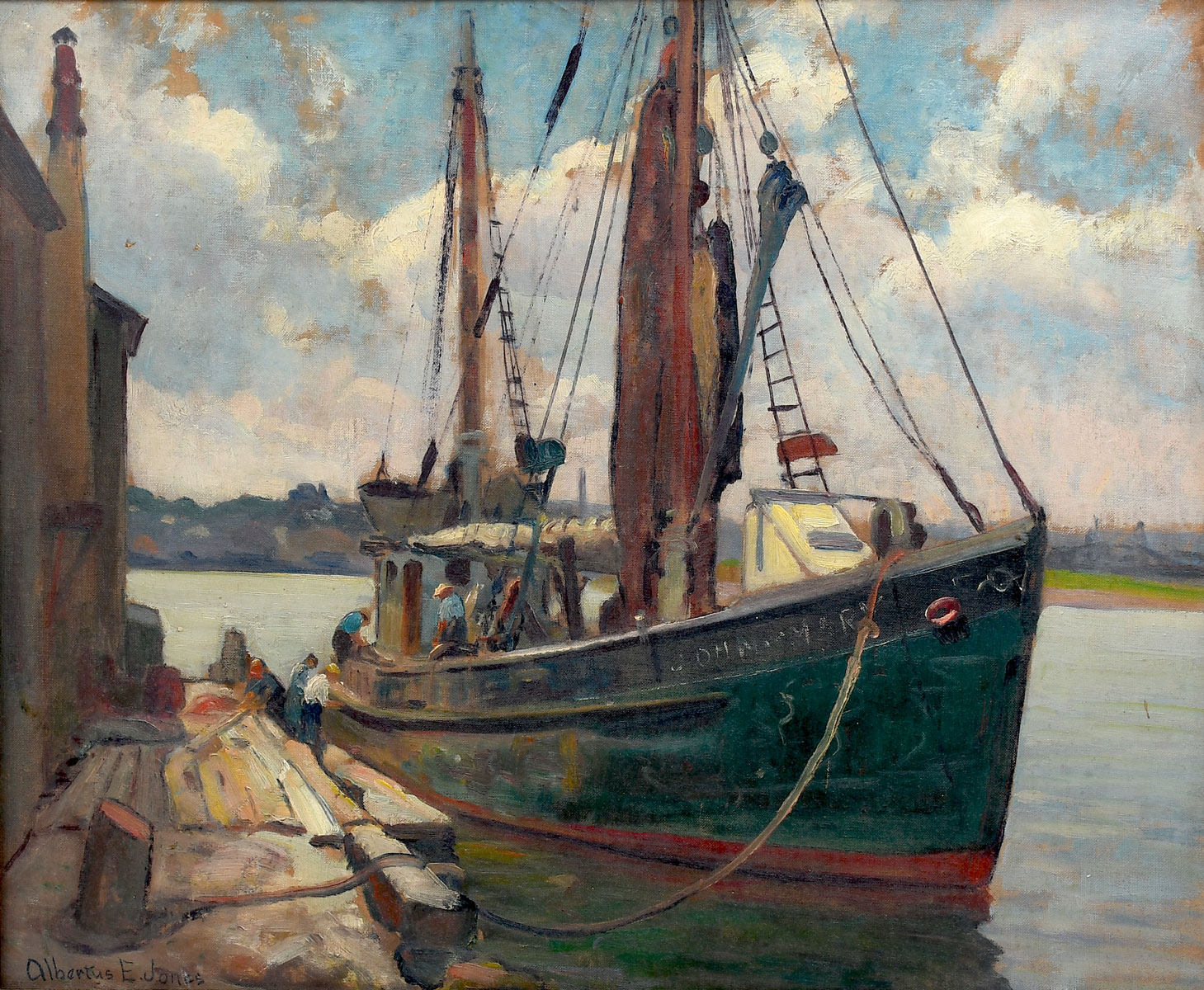 Appraisal: ALBERTUS E JONES NEW ENGLAND DOCKSIDE PAINTING Oil Canvasboard ''