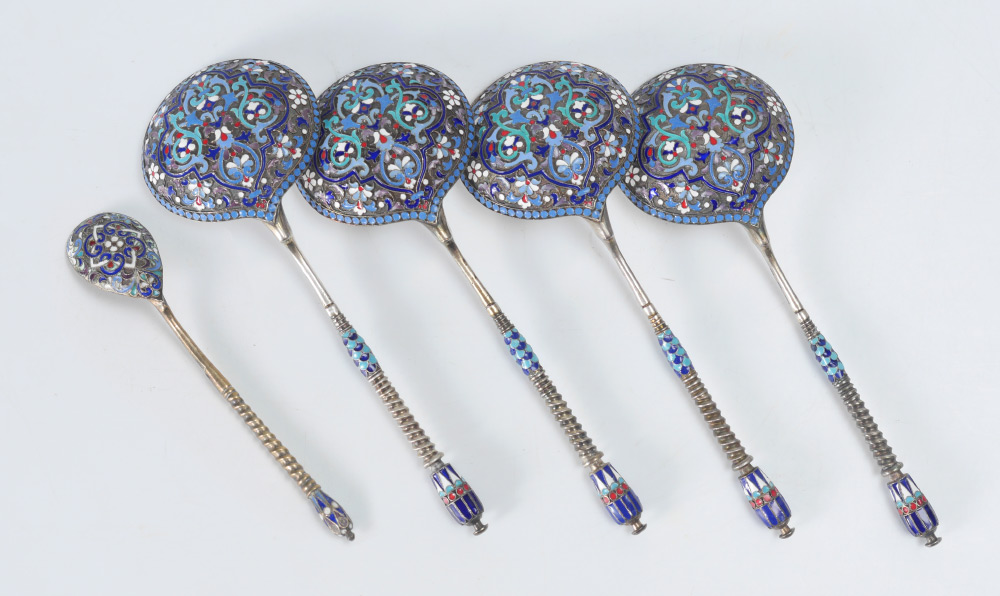 Appraisal: RUSSIAN SILVER ENAMEL SPOONS illegibly marked with Moscow zoltonik mark