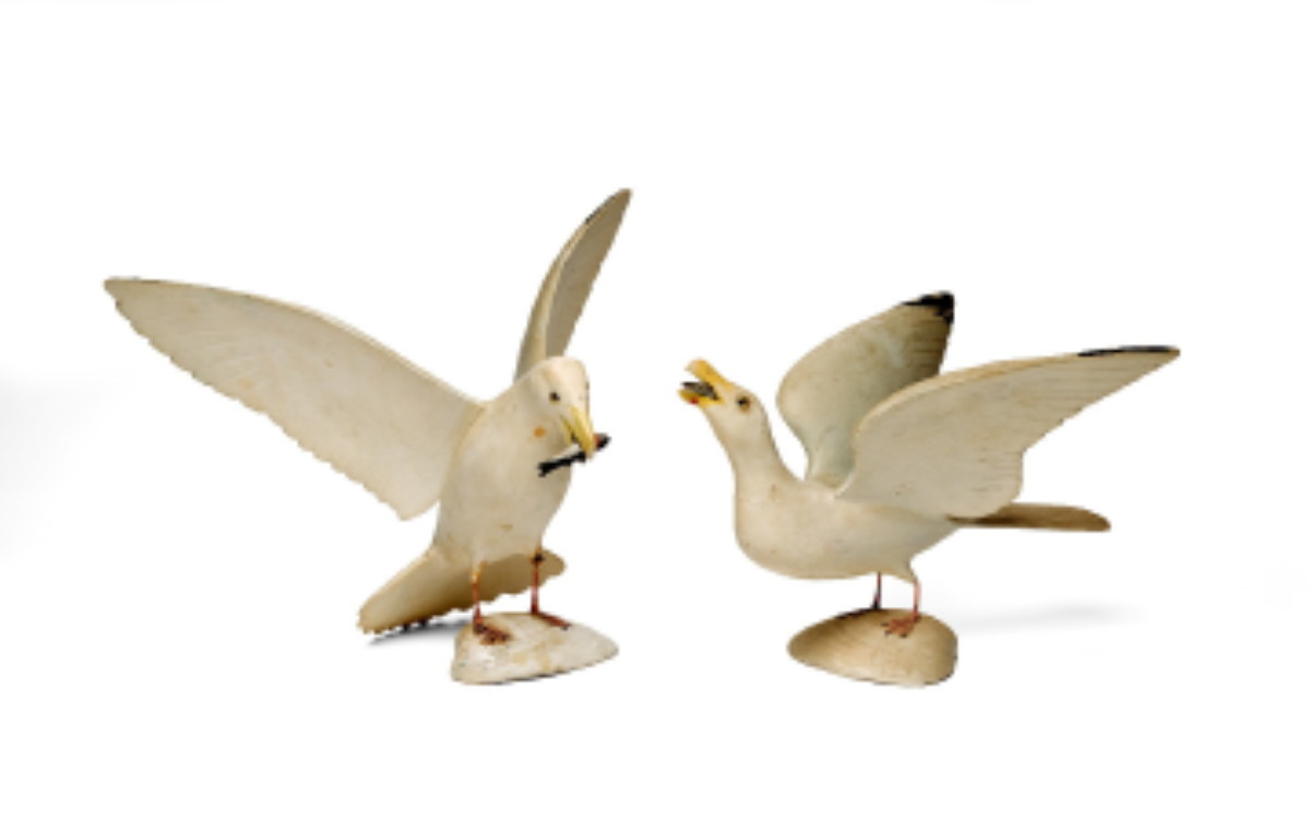 Appraisal: PAIR OF CARVED WOOD SEAGULLS MOUNTED ON CLAM SHELLS POSSIBLY