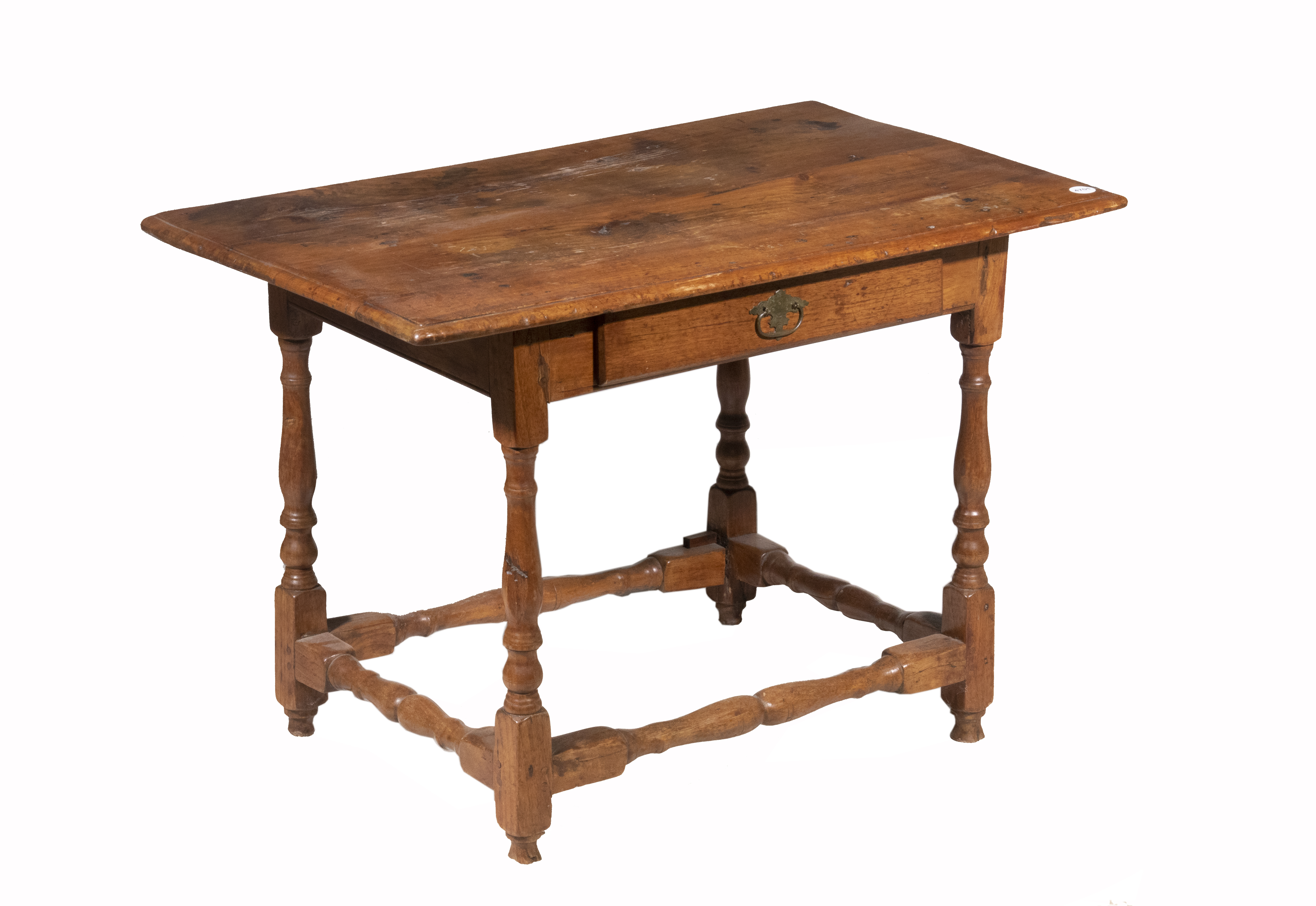 Appraisal: WALNUT TAVERN TABLE th c Single Drawer Rectangular Table pegged