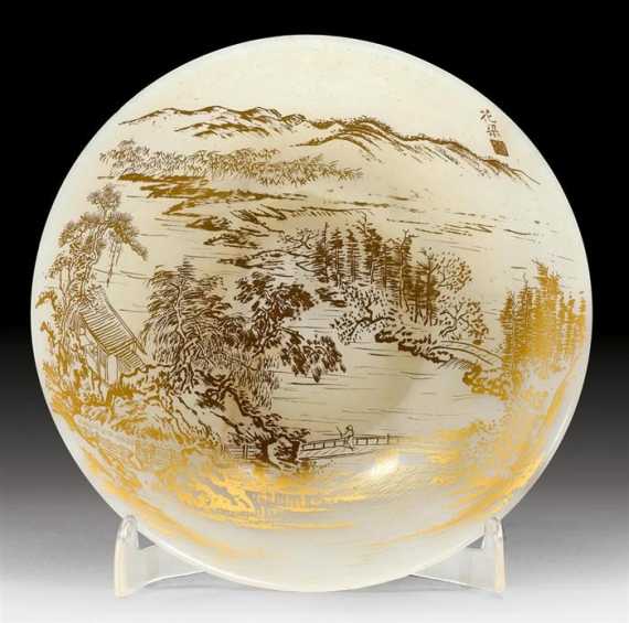 Appraisal: A WHITISH JADE BOWL WITH GOLD LACQUER DESIGN OF A