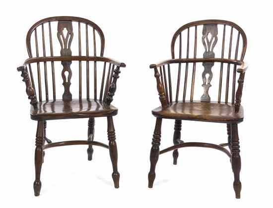 Appraisal: A Near Pair of Windsor Oak Open Armchairs having an