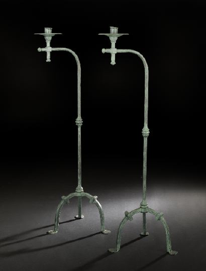 Appraisal: Pair of Spanish Provincial Verdigris Iron Candlestands each with a