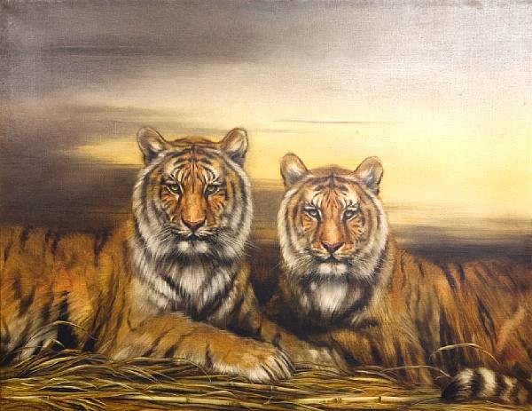 Appraisal: Artist Unknown Tiger couple oil on canvas x in