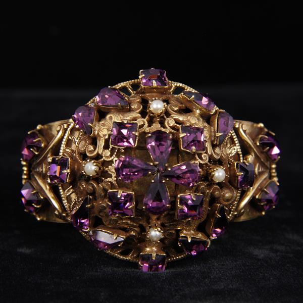 Appraisal: Czech Layered Brass Jeweled Cuff Bracelet with amethyst rhinestones and