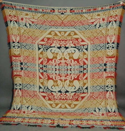 Appraisal: Jacquard coverlet red mustard blue and white signed J Keagy