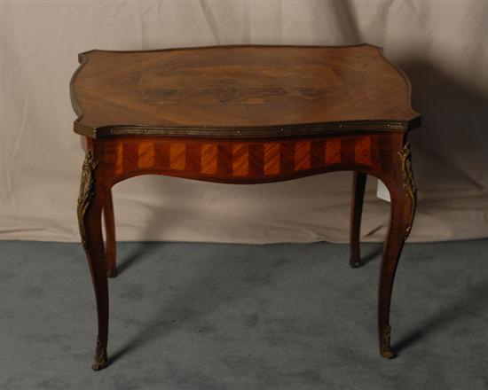 Appraisal: French-style Parquetried Table ormolu mounts some damage to parquetry high