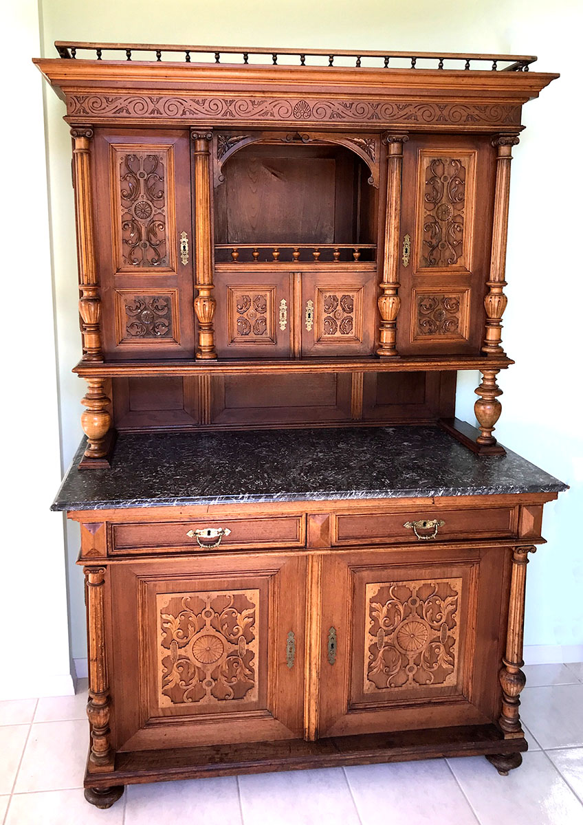 Appraisal: GERMAN MARBLE TOP CARVED COURT CUPBOARD Victorian era sideboard cupboard