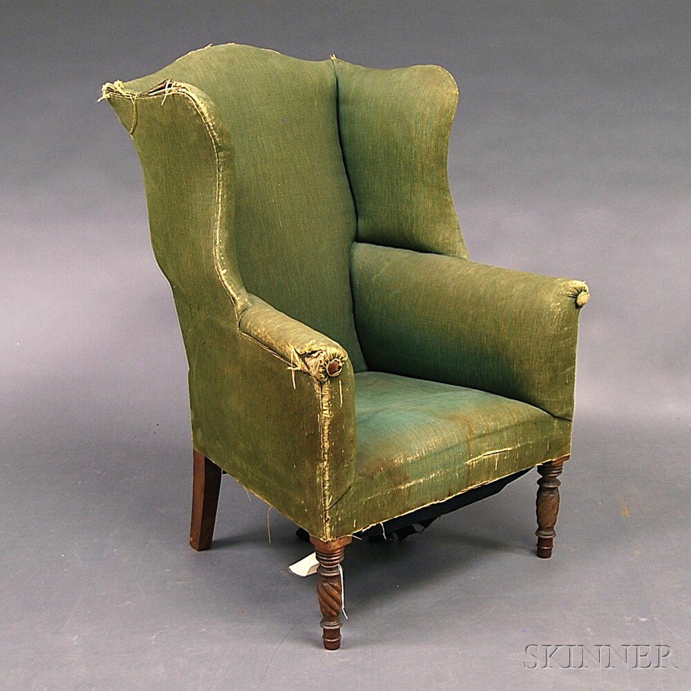 Appraisal: Federal Turned Mahogany Wing Chair th century the green-upholstered chair