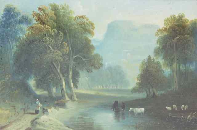 Appraisal: th Century Continental School River Landscape with Figures and Cattle