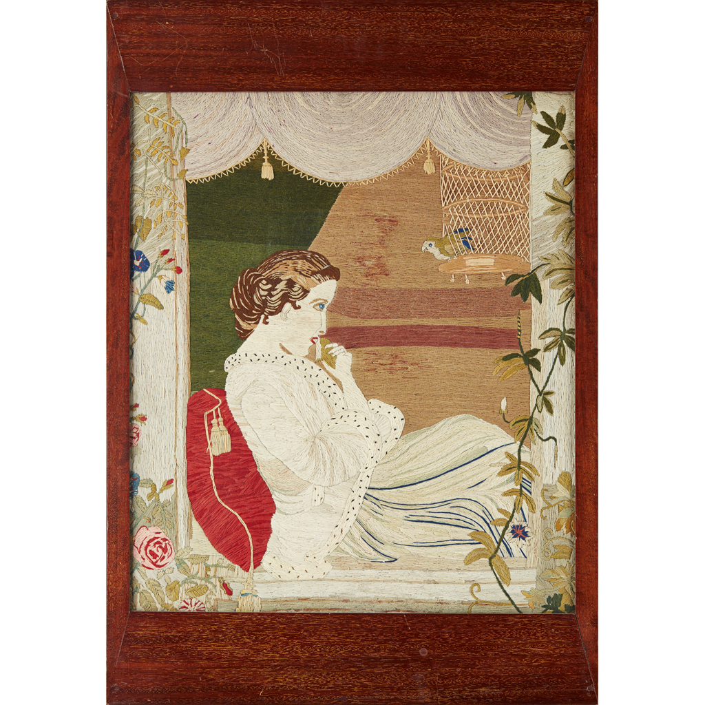 Appraisal: ENGLISH SCHOOL EMBROIDERED WOOLWORK PANEL CIRCA depicting a young lady