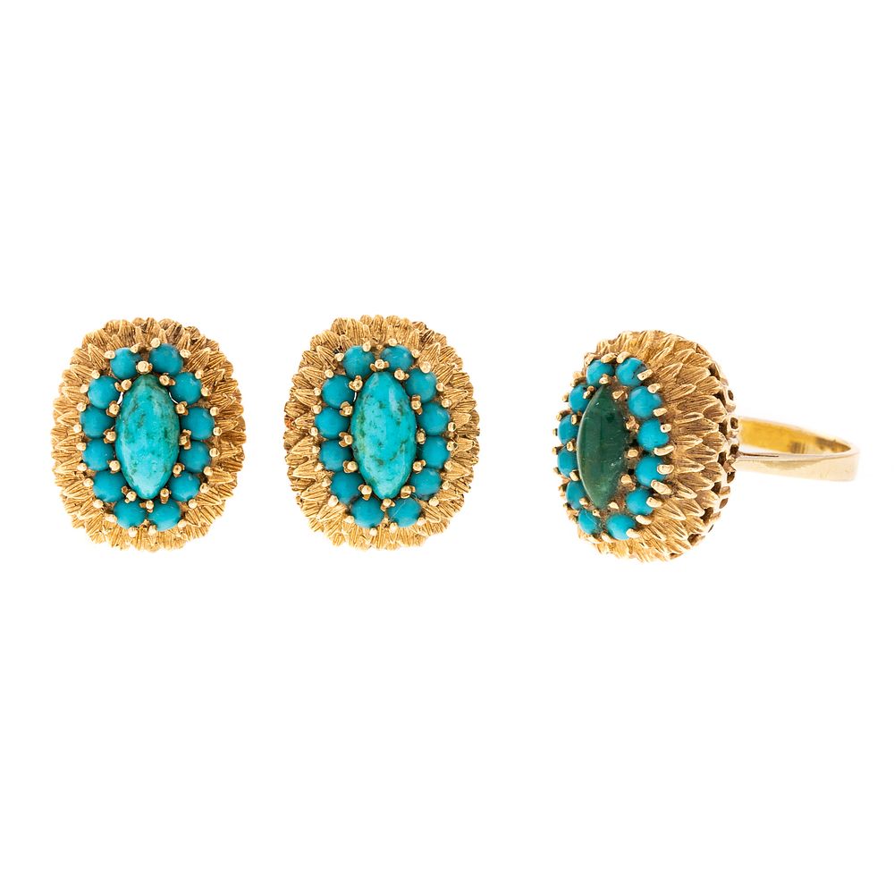 Appraisal: A K Italian Turquoise Ring Matching Earrings K yellow gold