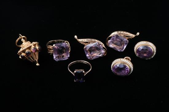 Appraisal: SIX PIECES YELLOW GOLD AND AMETHYST JEWELRY Including two rings