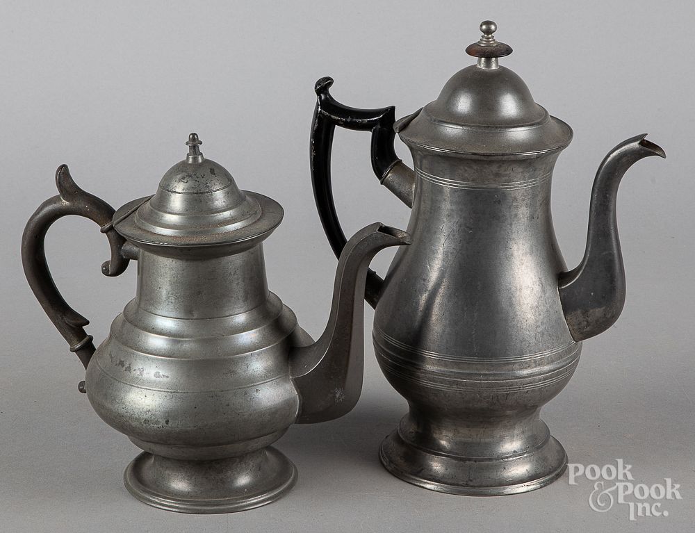 Appraisal: Two American pewter coffee pots th c Two American pewter