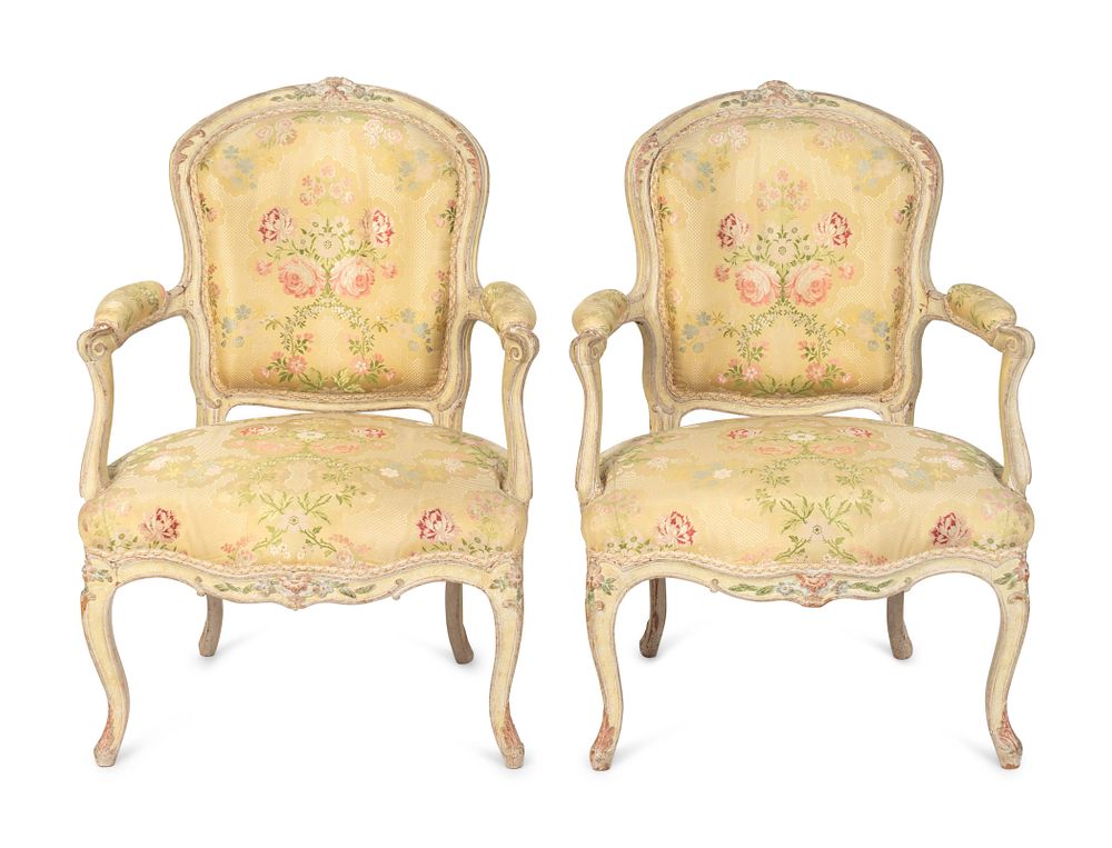 Appraisal: A Pair of Louis XV Yellow-Painted Fauteuils en Cabriolet Height