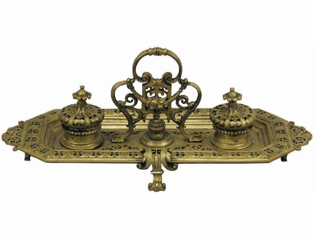 Appraisal: Impressive antique desk top inkstand with double lidded inkwells all